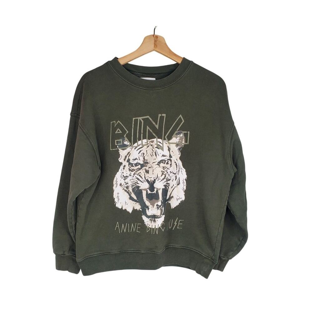 Anine Bing Tiger Crewneck Sweatshirt Forest Green Organic Cotton Size Small